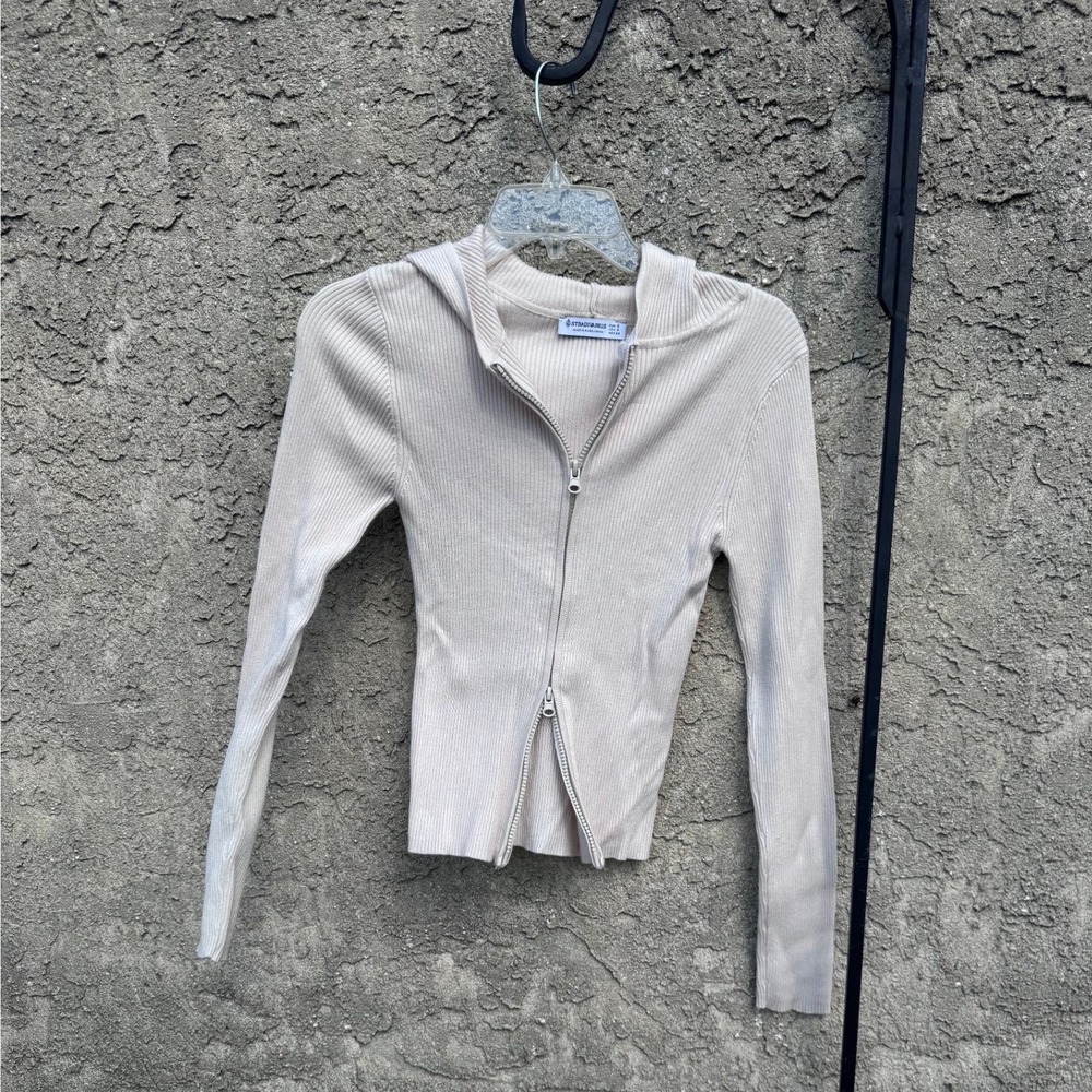 Stradivarius‎ Ribbed Zip Up Hoodie Womens Small Beige Double Zipper Slim Fit